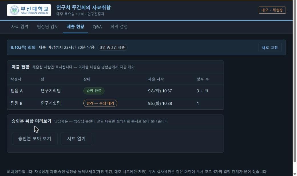 제출 현황 표 — 마감 카운트다운, 8명 중 2명 제출, 상태 배지