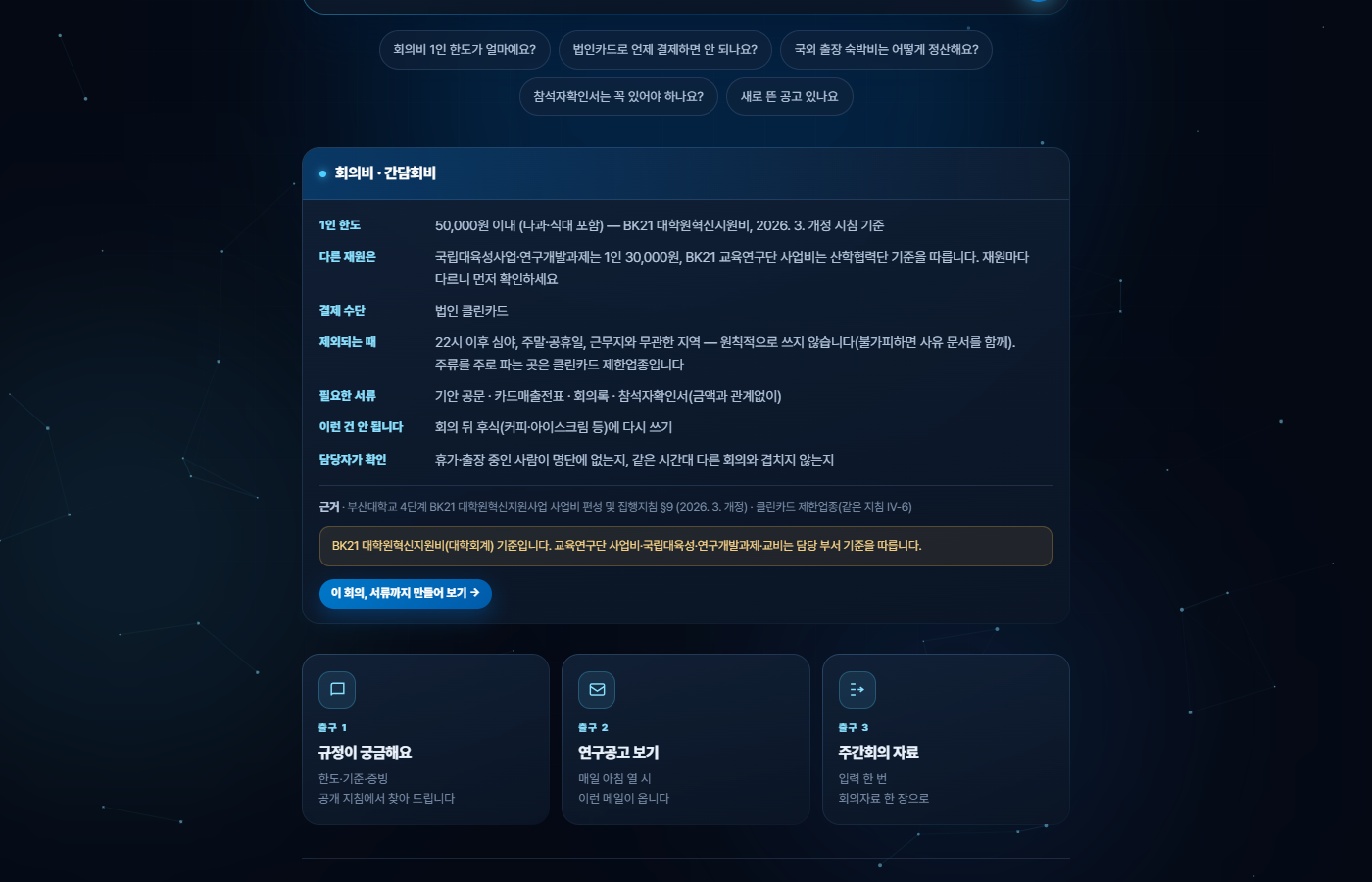 회의비 한도를 물으면 BK21 대학원혁신지원비 1인 5만 원과 근거가 나오고, 카드 아래에 서류까지 만들어 보기 버튼이 있는 화면
